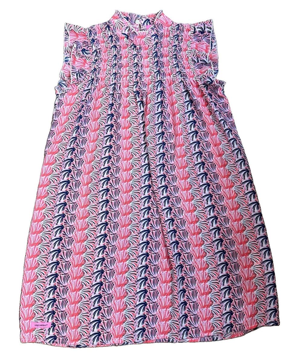 Simply Southern Youth Large Shift Dress Pink Navy White Floral Ruffle Collared